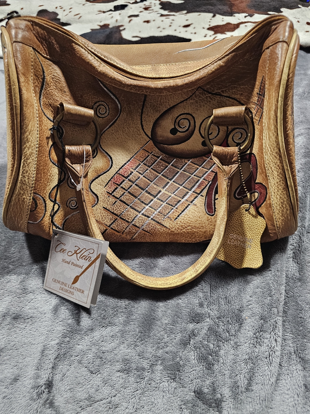 Tee Klein Hand-Painted Tan Leather Shoulder Bag with Artistic Motif